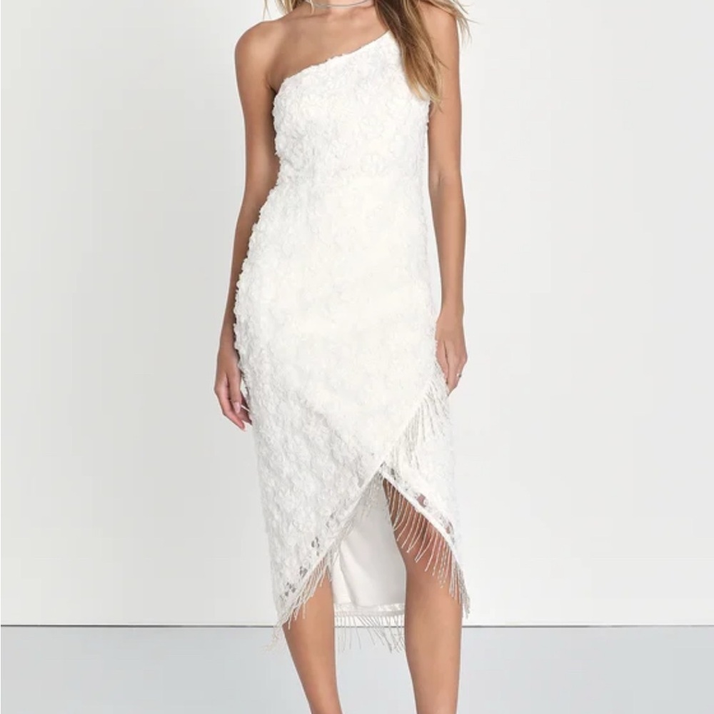 Lulus Stunning Destiny Ivory One-Shoulder 3D Floral Midi Dress